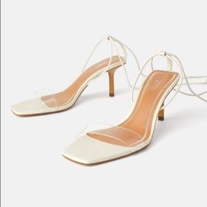 Cream lace up strappy square toe sandal heels